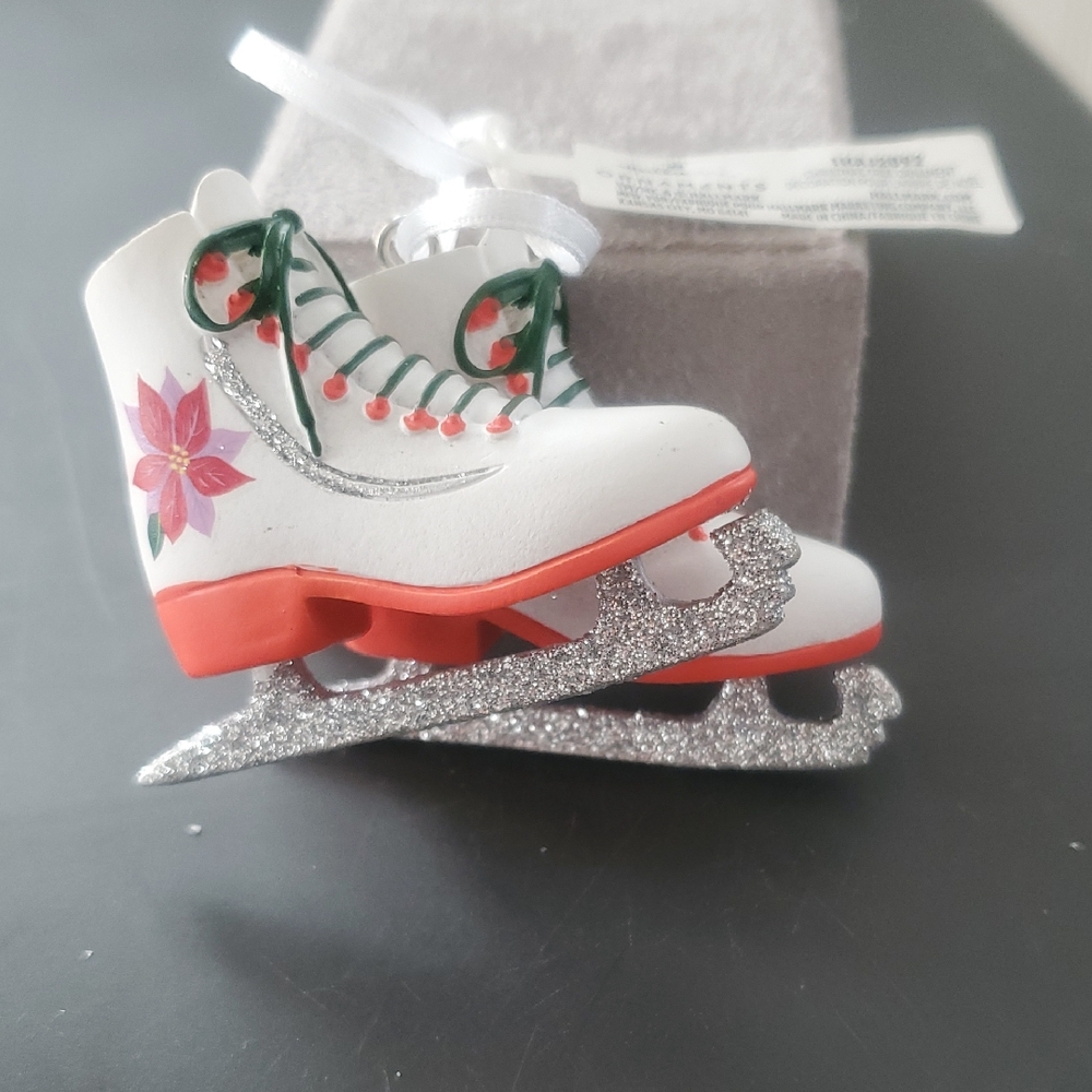 Festive Ice Skates ORNAMENT with Floral Design.